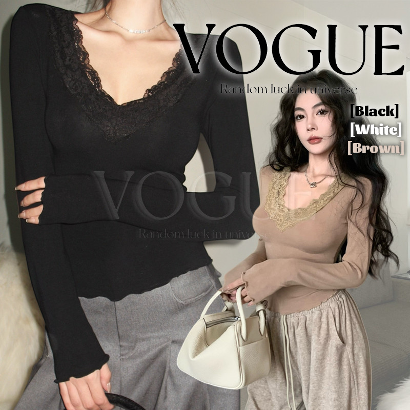Vogue🌟พร้อมส่ง🌟 เสื้อแขนยาวผ้าร่องทรงรัดรูป เสริมฟองน้ำ สีพื้นสไตล์เกาหลี (FY5205)