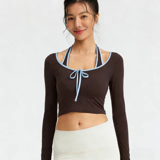 AirActive Casual Yoga Sports T-shirt 2 In 1 Design Fixed Padded Crop Top Halter Neck Contrast Color