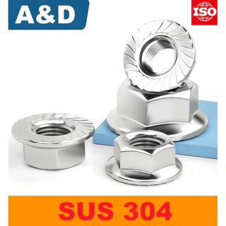A&D หัวน็อตจาน (Hexagon Flange Nut) สแตนเลส 304 มาตรฐาน เป็นน็อตตัวเมียหกเหลี่ยมแบบมีแหวนในตัว พื้นหน้าแปลนเป็นแบบหยาบ (Serration) ช่วยล็อคแน่น (Flange) ช่วยกระจายแรงกดได้กว้างขึ้น เหมาะสำหรับงานเหล็กและงานโครงสร้างทั่วไป กระจายแรงกดได้ดีโดยไม่ต้องใช้แหวน