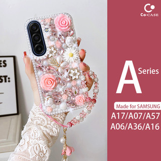 Case for Samsung A07 A17 A37 A57 A56 A26 A06 A16 A36 A54 A35 A12 A55 A50 A05S A15 A14 A14 A24 A34 A73 5G A51 A53 A33 A23 A52 A72 4G 5G A32 A33 A24 case Selubung Telepon Berkilau Mawar Berlian Imitasi 3D dengan Rantai Gelang Bunga Kristal