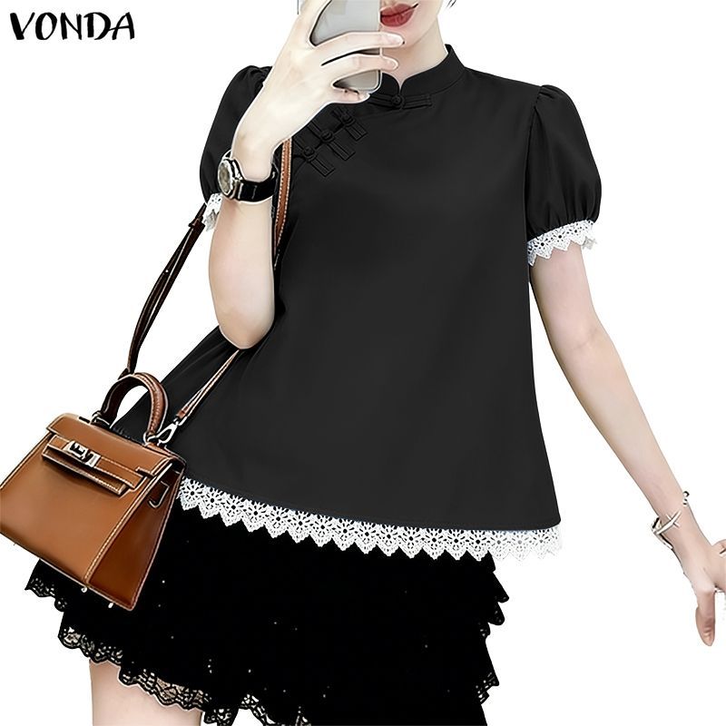 VONDA เสื้อเบลาส์ผู้หญิง สไตล์เกาหลี แขนสั้น พัฟแขน ลายแพทช์เวิร์ค สีคอนทราสต์ ทรงเอ