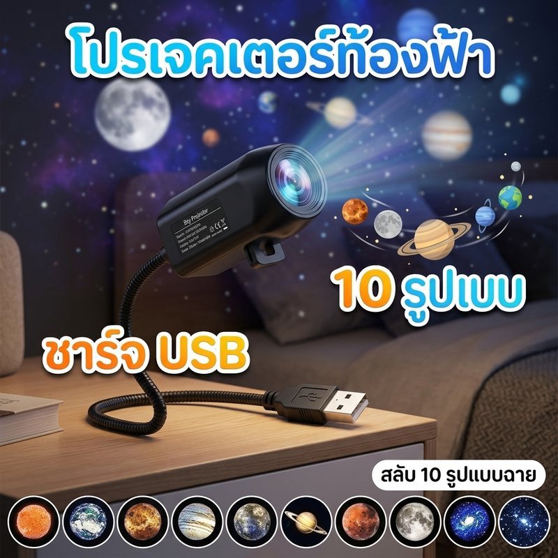 โคมไฟโปรเจคเตอร์ท้องฟ้า 10 รูปแบบเปลี่ยนได้ หมุนได้360° พกพาได้ โคมไฟLED สำหรับห้องนอน สร้างบรรยากาศ
