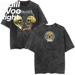 (จัดส่งตลอด 24 ชั่วโมง)Woo Right ชายเสื้อยืดสีดำฟอกขาวรอบคอ "METALLICA คอลเลกชัน" พิมพ์เสื้อหลวมพอดีวินเทจทำเก่าด้านบน