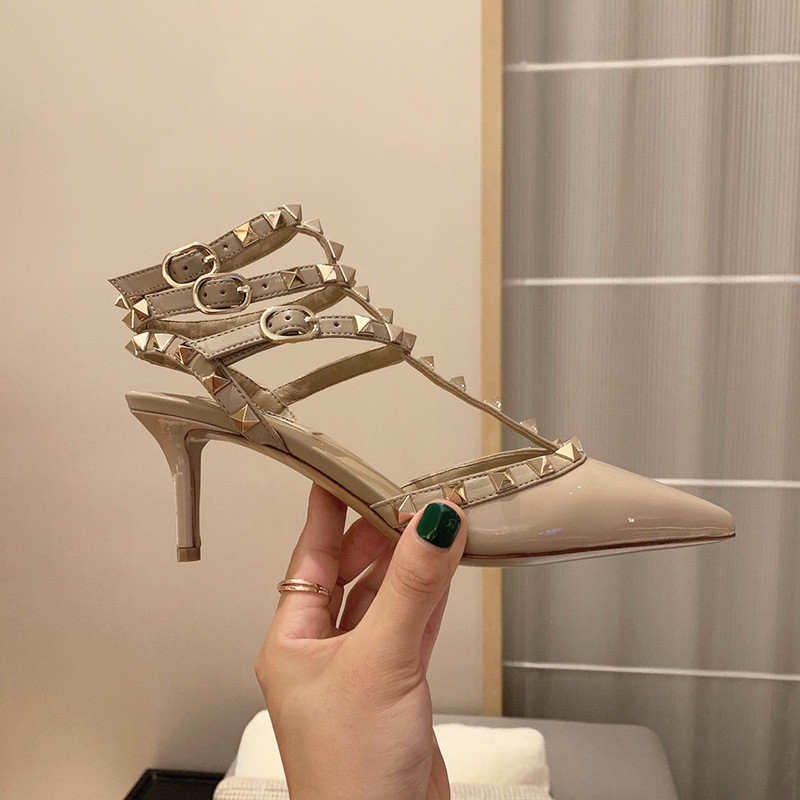 สไตล์ใหม่ Rivets รองเท้าส้นสูง Stiletto Heel V Home Willow Studs Pointed Toe ของแท้หนังผู้หญิงรองเท้าฤดูร้อน Nude รองเท้าแตะ