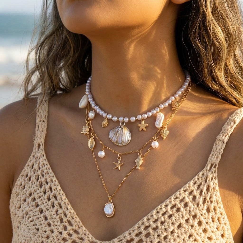 Benge อินเทรนด์ชายหาดวันหยุดเปลือกหอยปลาดาว Sea Urchin สร้อยคอมุก 3 ชิ้นชุด Layered Gold Chain เครื่