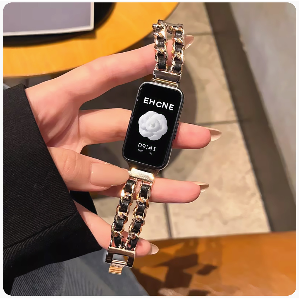 Elegant Chain Leather Strap For สาย Huawei Band 11 pro Strap Metal Huawei Band 11 สาย Metal สาย Huawei Band 10 Strap Slim สาย Huawei Band 6 /7/8/9/10/11/ Huawei Band 11 pro สาย Huawei Band 9 Strap Huawei band 7 Strap Replacement Huawei Band 8 สาย