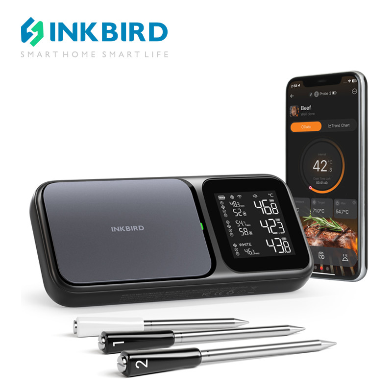 INKBIRD INT-33-BW เครื่องวัดอุณหภูมิ 3 โพรบเซนเซอร์ WiFi 5G Bluetooth 5.4 สำหรับบาร์บีคิว AI วัดแบบเรียลไทม์ แม่นยำสูง