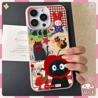 Upick-เคสไอโฟน 16 สำหรับ IPhone 17 AIR 15 13 16 11 12 14 Pro Max 7 8 16 Plus XS X Max ฝาครอบโซ่กระต่ายสตรอเบอร์รี่แมวดำ