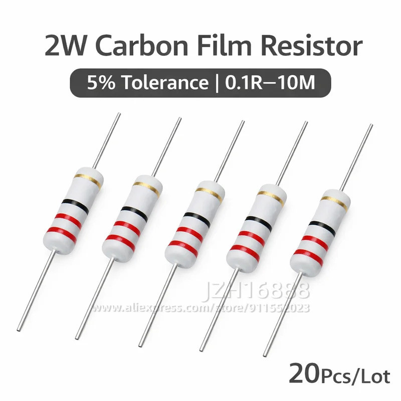 20pcs 2W ตัวต้านทานฟิล์มคาร์บอน 5% 0.1R ~ 10M 10R 22R 33R 100R 220R 330R 1K 2.2K 3.3K 4.7K 10K 22K 4