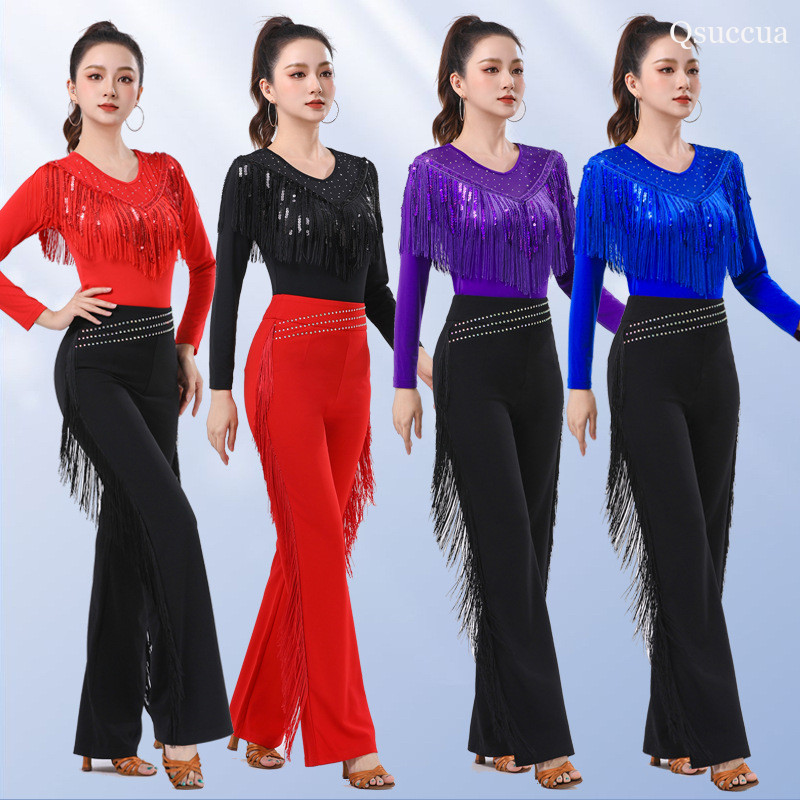 Gitaba เสื้อแฟชั่นใหม่สำหรับเต้นรำละติน ดีไซน์พู่เลื่อมที่คอดูเก๋ เสื้อผู้หญิงแขนยาว