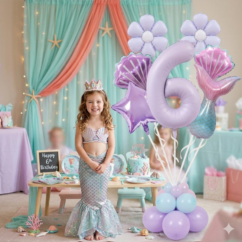 (ร้านไทย)ชุดลูกโปางการ์ตูนลายหางเงือก ดอกเดซี่ หอยมุก และตัวเลขสีม่วงพาสเทล (BC)
