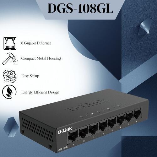 D LINK DGS 108GL SWITCH HUB 8 PORT GIGABIT