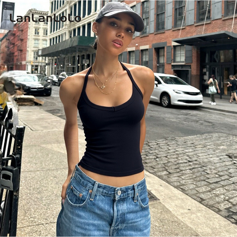LanLanLoLo เสื้อยืด Halter Backless สำหรับผู้หญิง สีทึบ แฟชั่นใหม่ทุกวัน