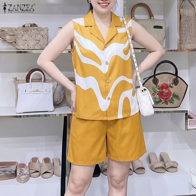 ZANZEA ใส่ ซานเซีย ผู้หญิงวันหยุดเกาหลีสไตล์ปกปุ่มขึ้นแขนกุดคลื่นพิมพ์กางเกงขากว้างสองชิ้น — صورة 5