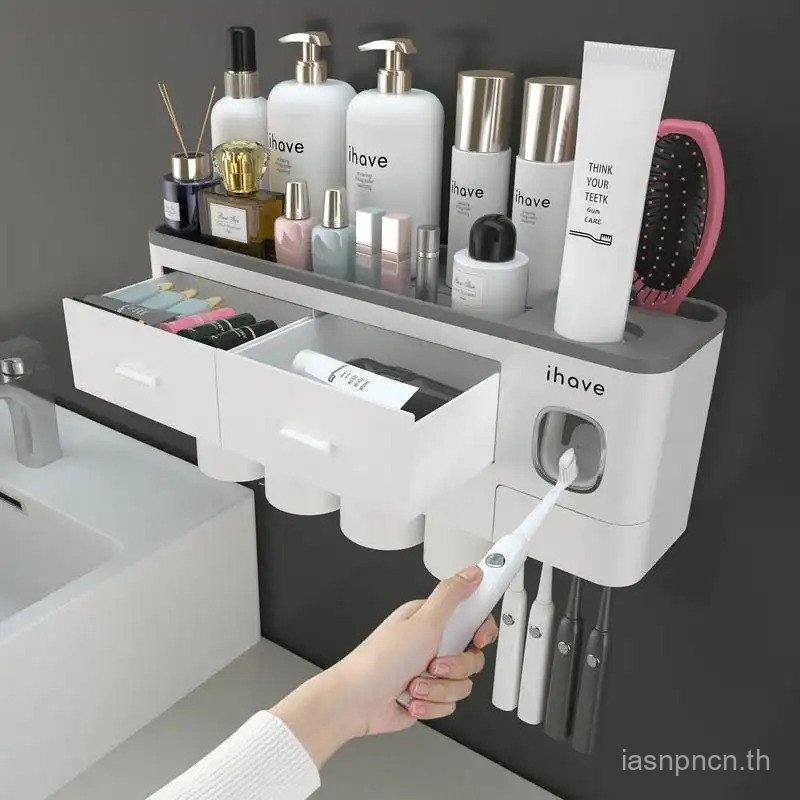 IHave ที่ใส่แปรงสีฟันสําหรับห้องน้ํา, ที่ใส่แปรงสีฟัน 4 ถ้วยติดผนังพร้อมเครื่องจ่ายยาสีฟัน - ถาดความ