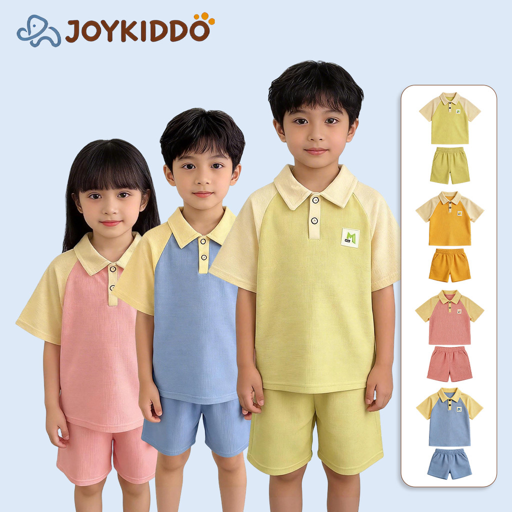ชุดเสื้อโปโลเด็ก, กางเกงขาสั้นแขนสั้นสำหรับฤดูร้อน, คอปกแบบตัดสี, ชุดกีฬาลำลองสำหรับเด็กชายและเด็กหญิง
