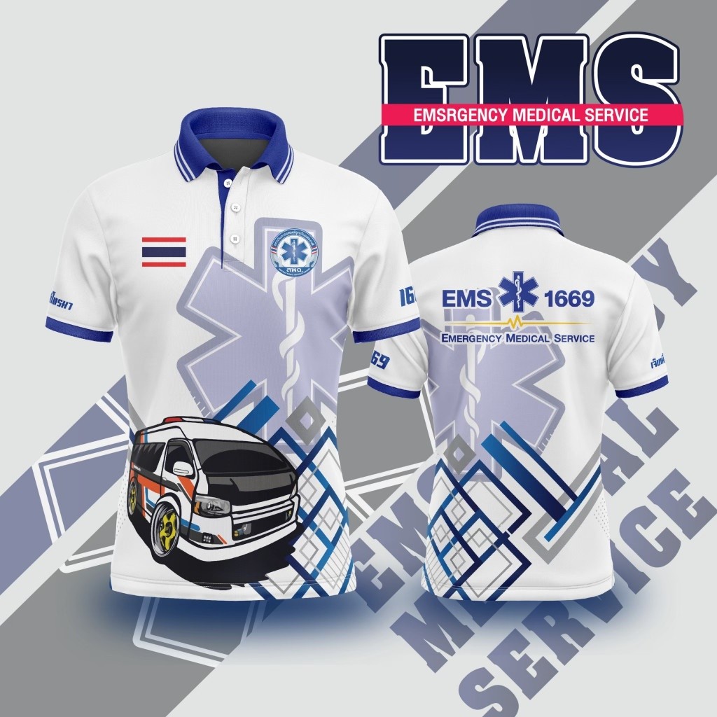 เสื้อโปโลผู้ชายแขนสั้นสไตล์ใหม่ พิมพ์ลายเทคโนโลยีฉุกเฉินทางการแพทย์ EMS