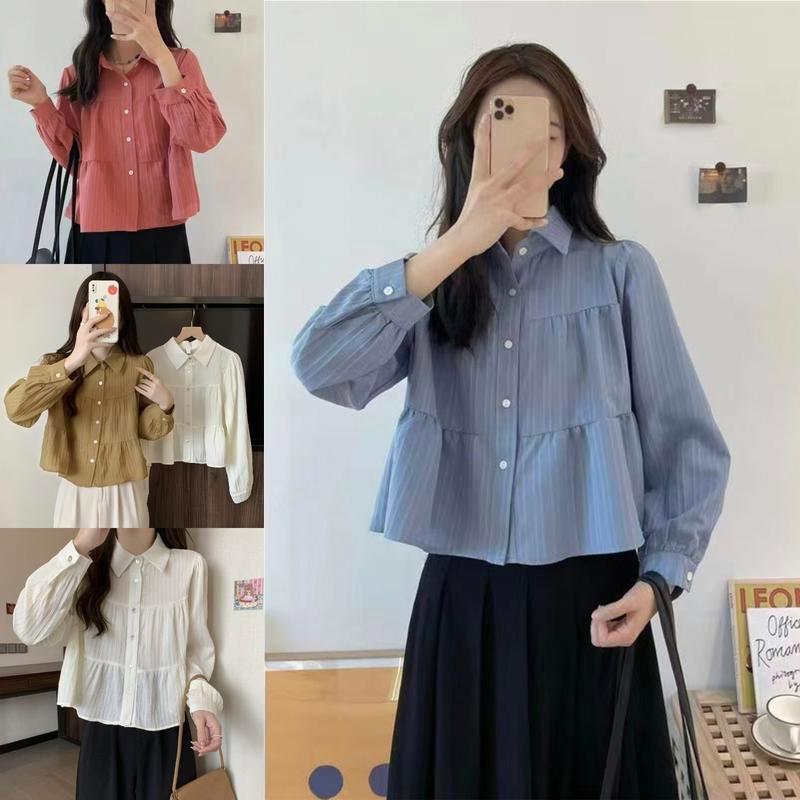 Chili Koko แขนยาวเสื้อเชิ้ตสตรีทรงเบบี้ดอลล์แบบหลายชั้น มีปก คอปก แขนพอง ทรงหลวม และมีระบาย w697