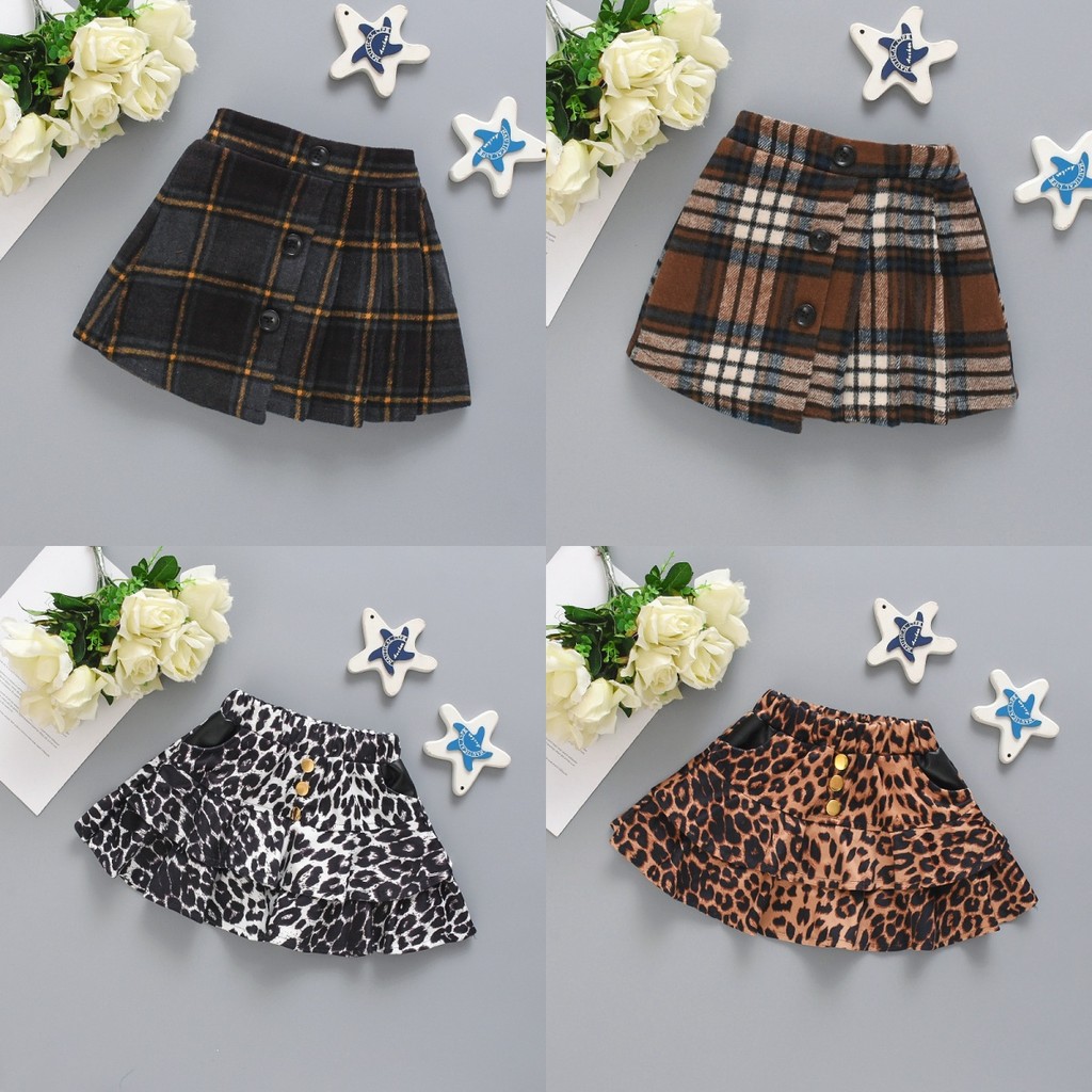 Baby Girl Half Skirt Autumn Winter Plaid Woolen Girl Pleated Skirt Cute Leopard Print Suede Short Sk