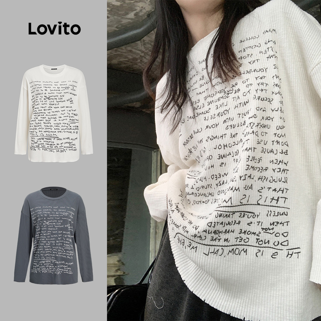 Lovito เสื้อยืดลําลอง ตัวอักษรประกาศลงทะเบียนระบายเสื้อยืดสําหรับผู้หญิง LNE3019