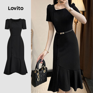 Lovito ชุดเดรสหรูหราปุ่มชุดเดรสสีดําฤดูใบไม้ผลิ/ฤดูร้อนแบบอส…