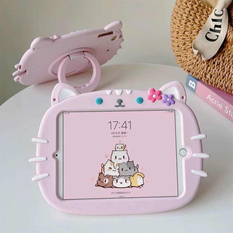 Creative การ์ตูน CuteFlower Cat สําหรับ Pro11 M2/M3 ฝาครอบซิลิโคน Mini4 Mini6/7 กรณี Ipad9.7 2024Pro11/Air6/7 11 นิ้วกรณี Air4/5 10.9 ซิลิโคน Ipad9th 11th Fall-proof SHELL