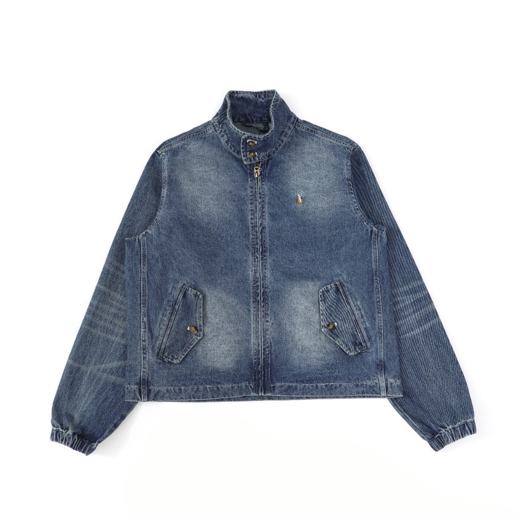 Y74M RL Vintage Style Embroidered Color Label Stand Collar Washed Denim Jacket Classic Loose Fit for