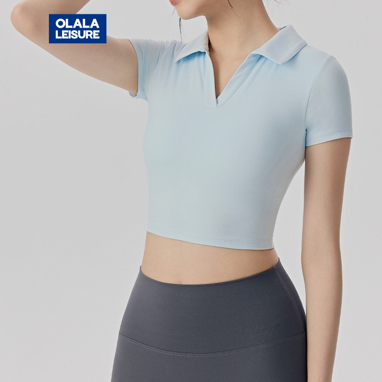 OLALA Sports Top Polo Tie Chest Pad Short Pilates Yoga Fitness