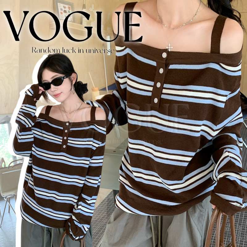Vogue🌟พร้อมส่ง🌟 เสื้อแขนยาวเปิดไหล่ สีน้ำตาลลายทางน่ารักสไตล์เกาหลี (FY5088)