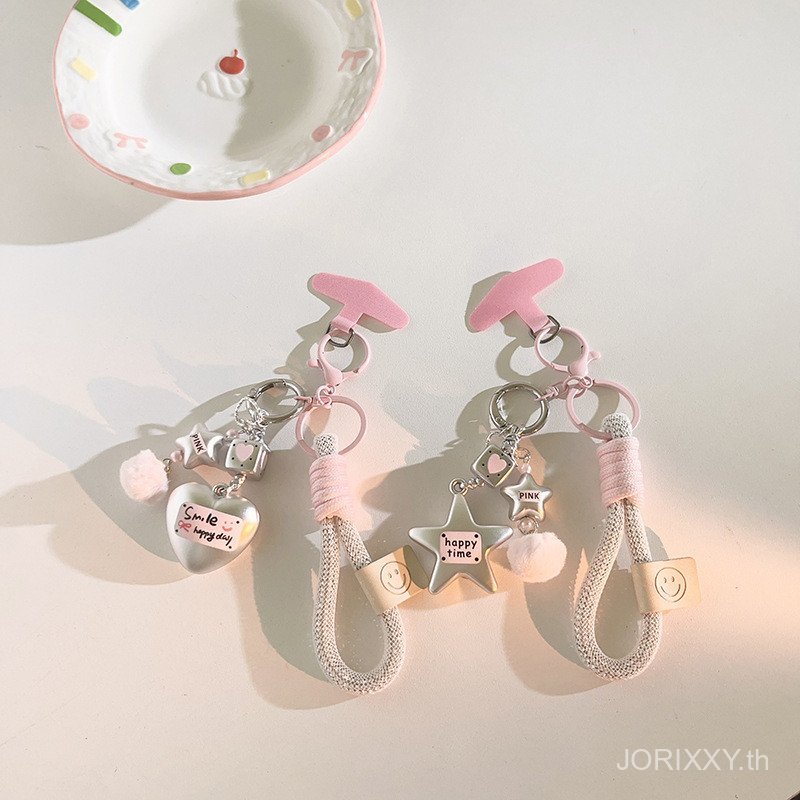 สไตล์เกาหลี อิน เคลือบเงินรักสีชมพูลูกผมจี้เคสโทรศัพท์เชือกเส้นเล็กพวงกุญแจจี้แบบพกพาโซ่หญิงสากล
