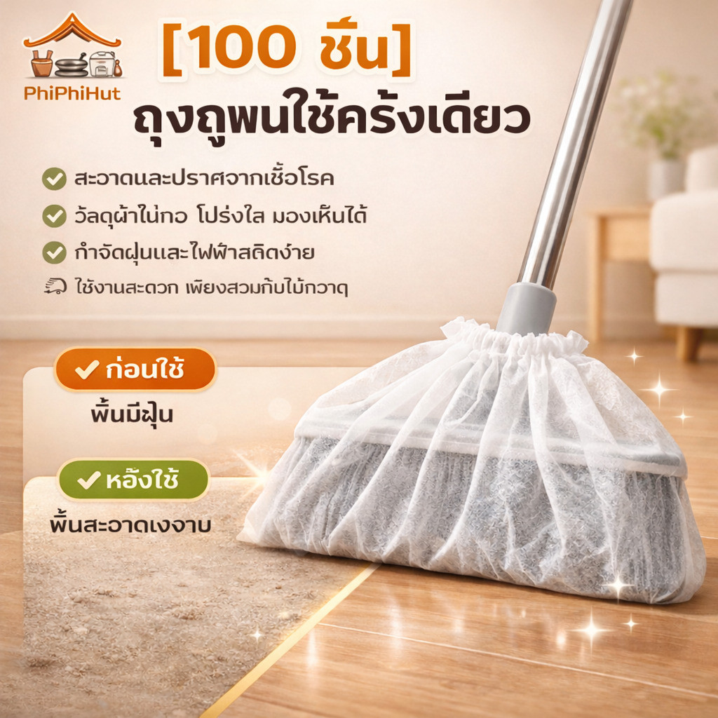 PPH [100 ชิน]ถุงถูพื้นแบบใช้ครั้งเดียว ถุงฝุ่นไม้ถูบ้าน อุปกรณ์ทำความสะอาด ถุงเก็บฝุ่นไมโครไฟเบอร์
