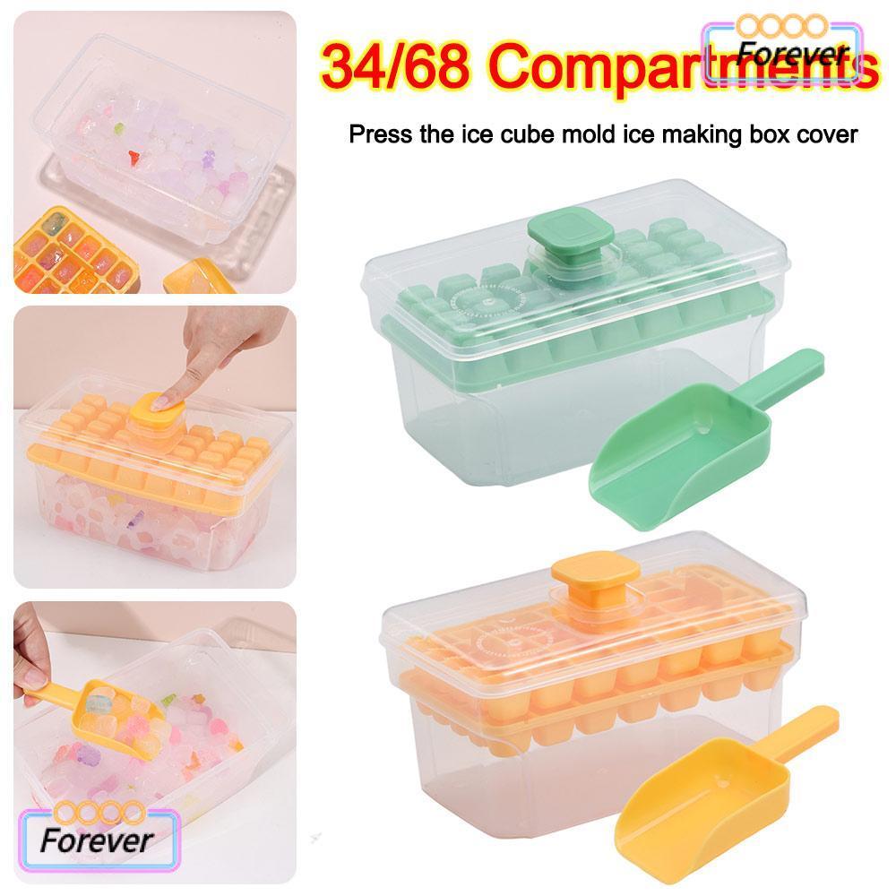 FOREVER ICE Cube Mould, 34/68 ช่องเครื่องมือน้ําแข็งกล่องน้ําแข็งที่บ้าน, ประเภทกดพร้อมฝาปิดช่องน้ําแข็งกล่องของขวัญ