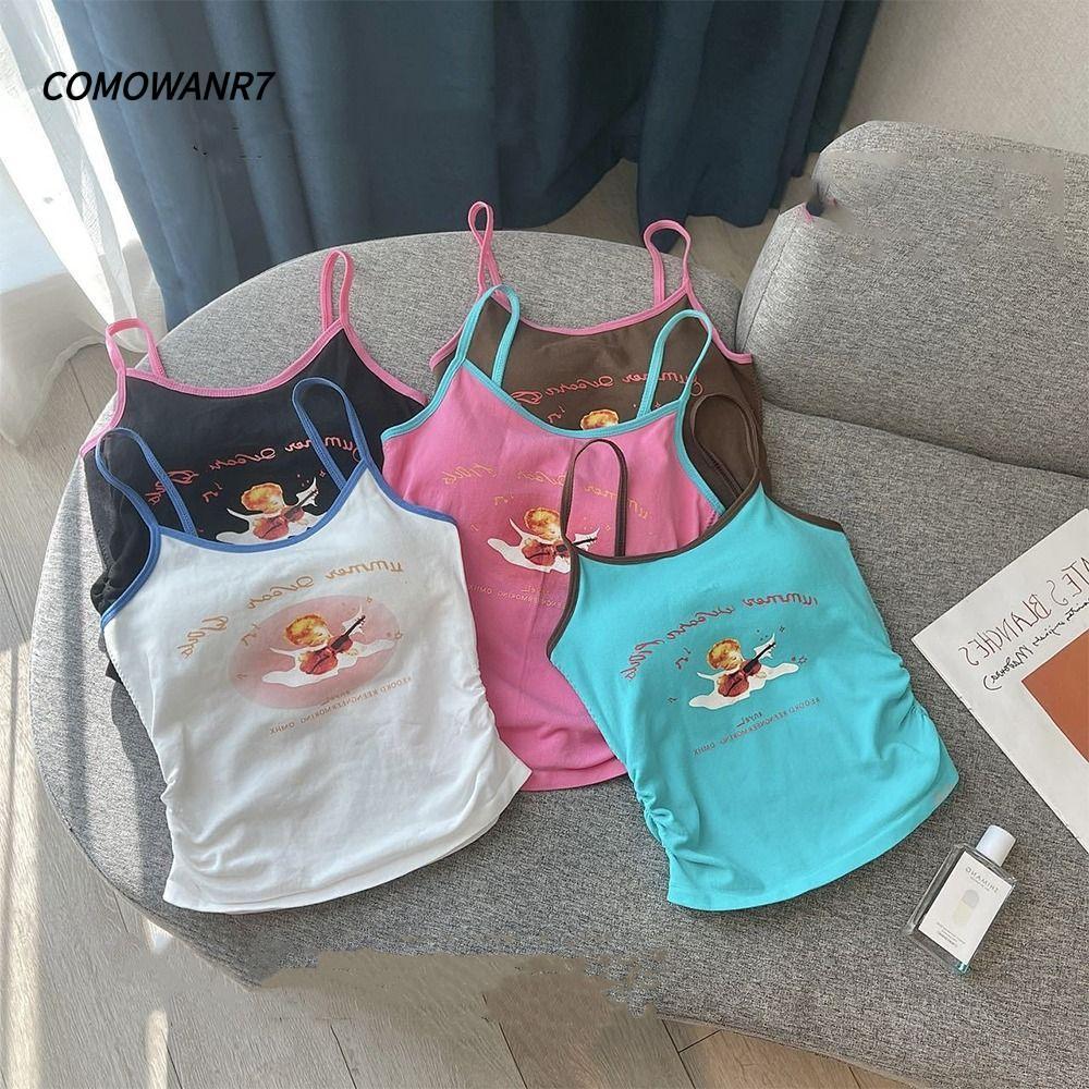COMWANR7 การ์ตูนเสื้อกล้ามหวาน,โพลีเอสเตอร์แขนกุดพิมพ์ Y2k เสื้อกล้าม, 2024 Vintage ไหล่ยุโรปและอเมร
