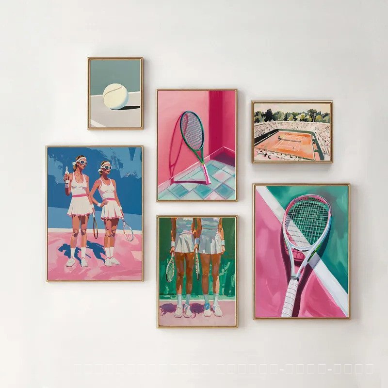 1950s Preppy เทนนิสกีฬา Court Racket Girl Ball อินเทรนด์โปสเตอร์ผ้าใบภาพวาดความงาม Wall Art ภาพตกแต่งภายในภายในบ้าน
