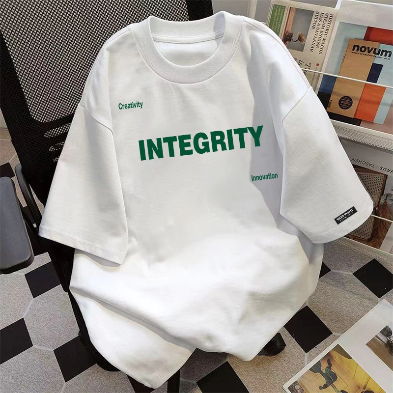 (จัดส่งตลอด 24 ชั่วโมง)Woo Right ปอนด์ผ้าฝ้ายสีขาวแขนสั้นเสื้อยืดผู้ชาย 2026 ฤดูร้อนใหม่สไตล์อเมริกันสูงถนนหลวม