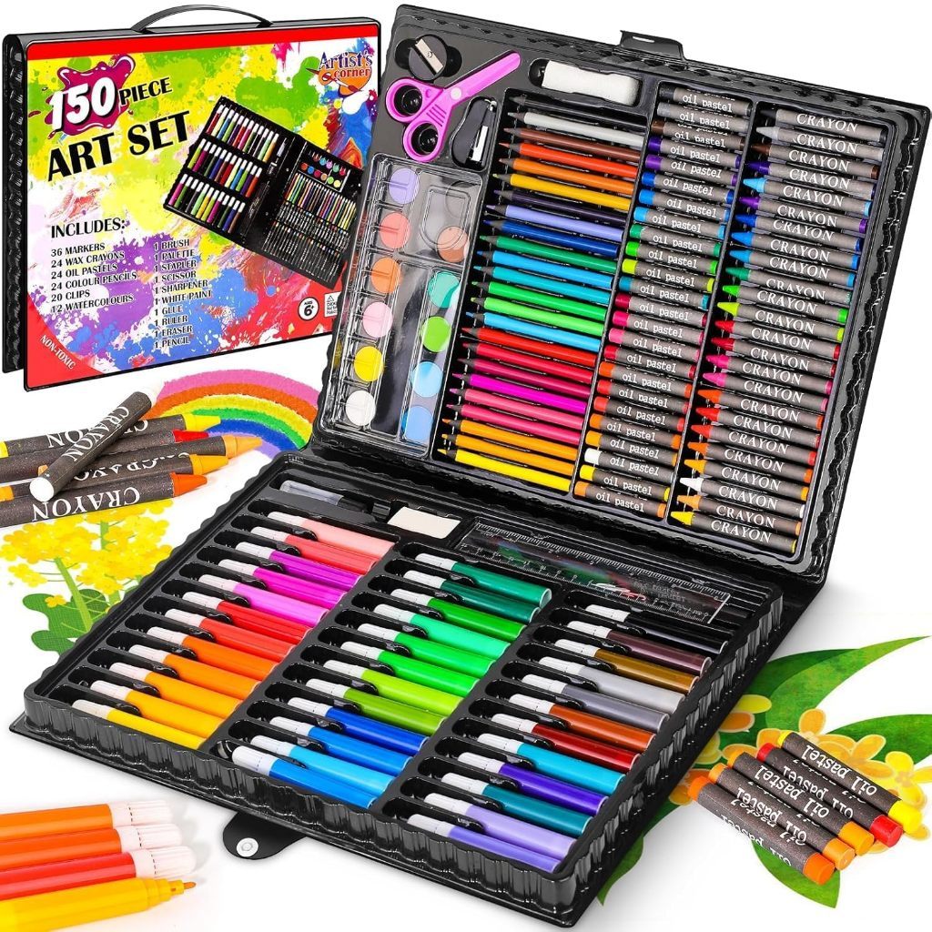 ชุดระบายสี 150 ชิ้น ครบครัน สำหรับเด็ก ประกอบด้วย ดินสอสี สีเทียน สีน้ำ ปากกาสี แปรงวาดภาพ กล่องศิลปะ สวยงาม ใช้งานง่าย