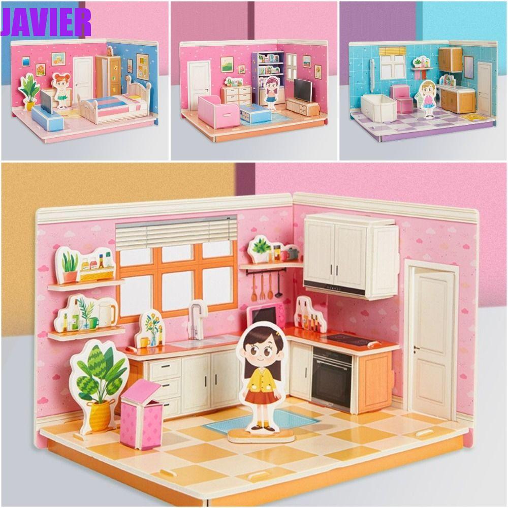 JAVIER 3D Room Model Puzzle Toys, กระดาษแข็งห้อง 3D, ของเล่นหัตถกรรม Handmade Room ห้องนอนรุ่นหัตถกร