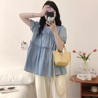 เสื้อเชิ้ตแขนตุ๊กตา ทรงเค้กหลวมๆใส่สบาย ปิดหน้าท้องได้ดี แฟชั่นฤดูร้อนสไตล์เกาหลี-พร้อมส่งจากไทย-รุ่นW630