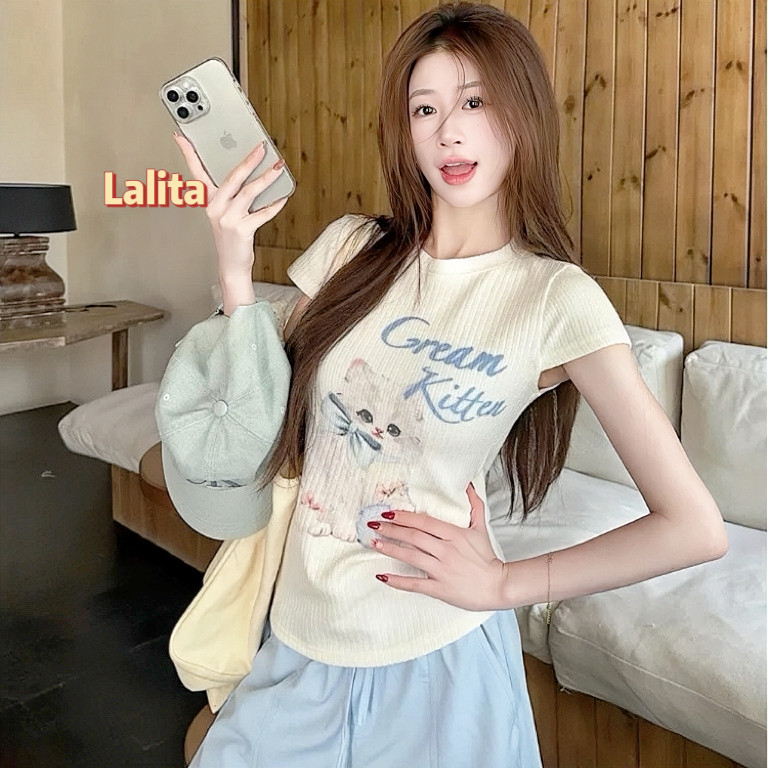 Lalita ส่งไวจากไทย เสื้อยืดผู้หญิงแขนสั้น ลายน้องแมวสุดน่ารัก ผ้านุ่ม ยืดหยุ่น ใส่เที่ยว ใส่ชิลได้