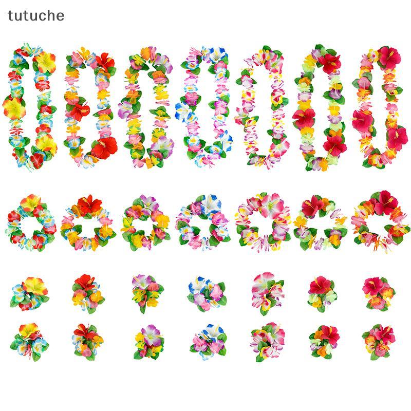 Tutu 4 ชิ้น/เซ็ตดอกไม้ฮาวาย Leis Garland Nelace พวงหรีดกลีบสร้อยข้อมือ Beach Party Decor งานแต่งงาน 