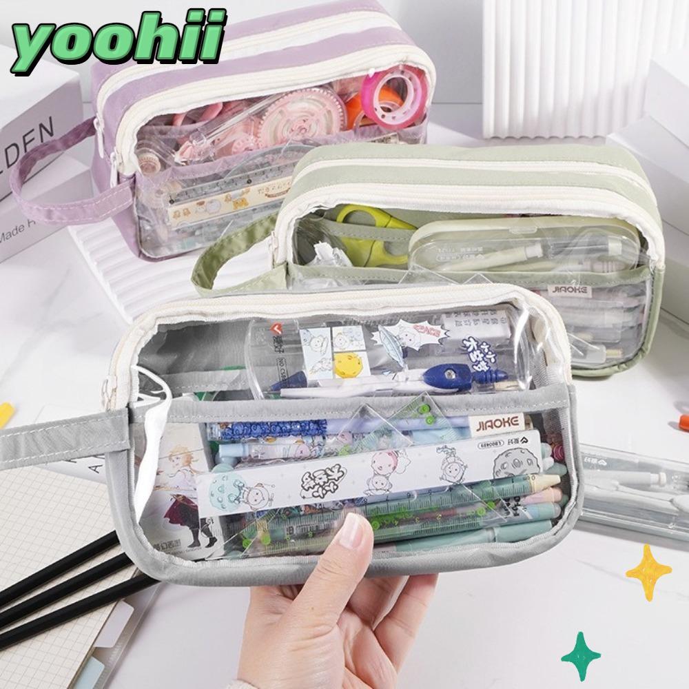 ดินสอ YOOHII, กระเป๋าใส่ปากกาใสความจุขนาดใหญ่, กระเป๋าเครื่องสําอาง PU สีทึบกันน้ําเกาหลีสําหรับเด็ก