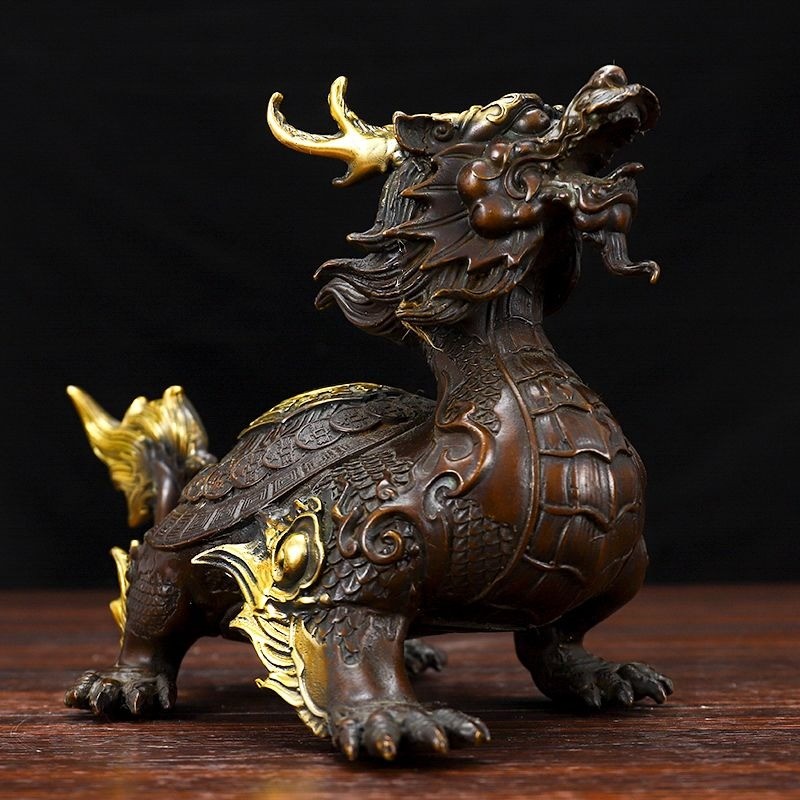 Brass Bagua Dragon Turtle Ornament Feng Shui Fortune Home Office Desk Decor