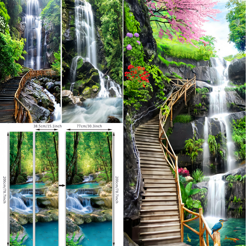 สติกเกอร์ประตู 3D วอลล์เปเปอร์ กระดาษติดผนัง ภาพจิตรกรรมฝาผนัง มีกาวในตัว กันน้ำ ลอกออกได้ ทิวทัศน์ธรรมชาติ Home Decor