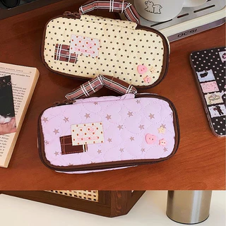 Dot ผ้ากล่องดินสอ กระเป๋าเก็บอุปกรณ์เครื่องเขียน Polka Dot Star Moon Pattern เหมาะเก็บอุปกรณ์สำนักงานจุสิ่งของได้มาก