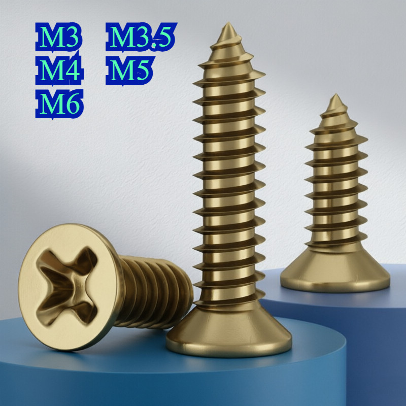 สกรูเกลียวปล่อยทองเหลือง H68 หัวจมแฉก สกรูไม้หัวแบน M3-M6 ยาว 6-50 มม.【CL-1】