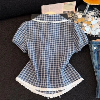LUNA~Xเวอร์ชั่นเกาหลี ตาราง ลูกไม้ เสื้อแขนสั้น เสื้อเชิ้ต รุ่นใหม่
