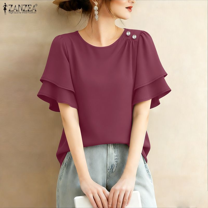 ZANZEA เสื้อเบลาส์มุก คอกลม สไตล์เกาหลีสำหรับผู้หญิง — صورة 6