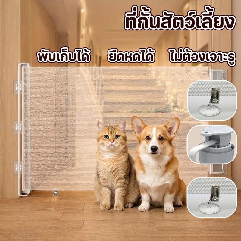ที่กั้นสัตว์เลี้ยง ประตูกั้นสุนัข แมว ไม่ต้องเจาะ พับเก็บได้ ยืดหดได้ กันมุดใต้ประตู ติดตั้งง่าย