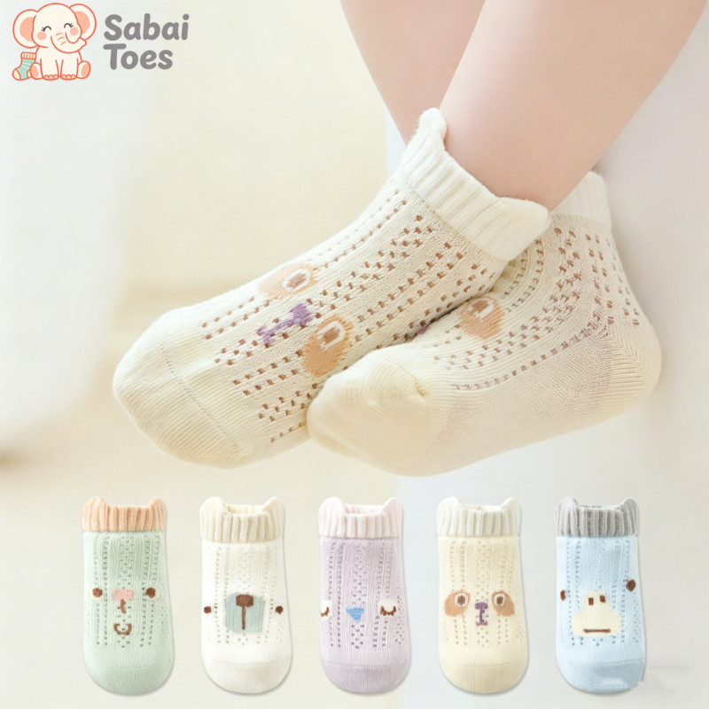 Sabai Toes ถุงเท้าเด็กสั้น ไร้ตะเข็บ บาง ระบายอากาศดี ผ้าตาข่าย ลายการ์ตูนน่ารัก ใส่สบาย เหมาะสำหรับเด็กทุกวัย