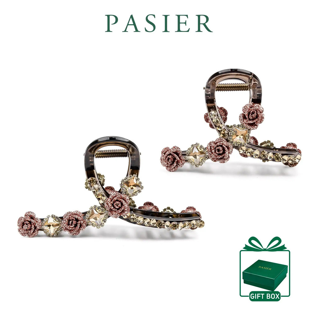 PASIER กิ๊บติดผมสวนกุหลาบ สีทองแชมเปญฝังเพชรหรู เครื่องประดับผมแบรนด์เนม พร้อมกล่องของขวัญ FB2009